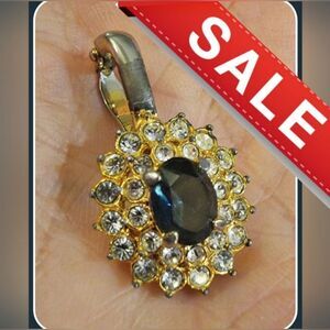 #Vintage Deep #Sapphire Glass & Rhinestones Gold Silver Tones #Pendant #Enhancer